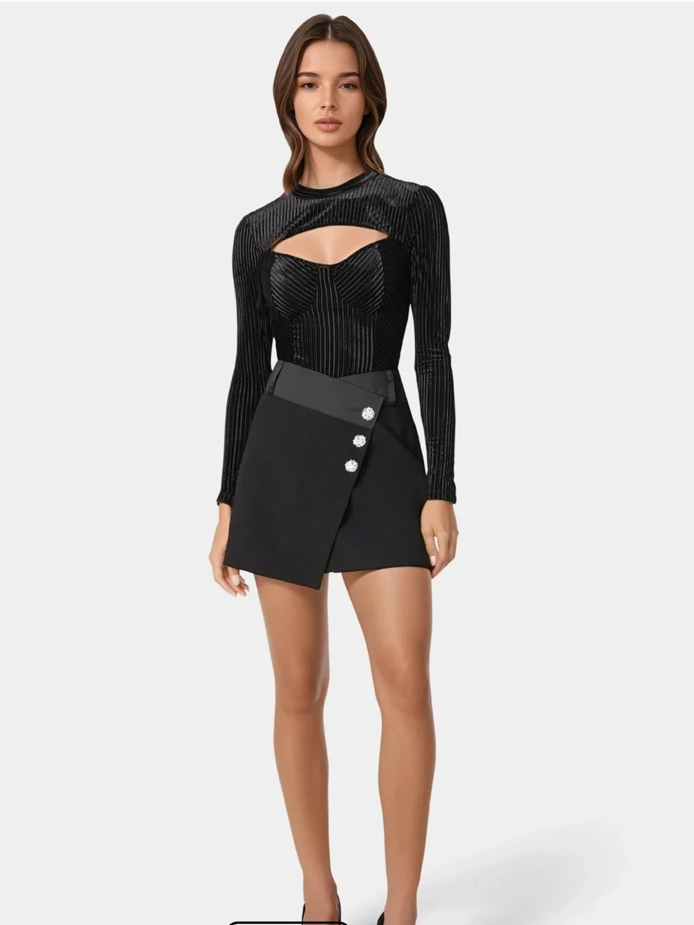 Bebe Black Asymmetric Satin Waist Band Woven Twill Mini Skirt